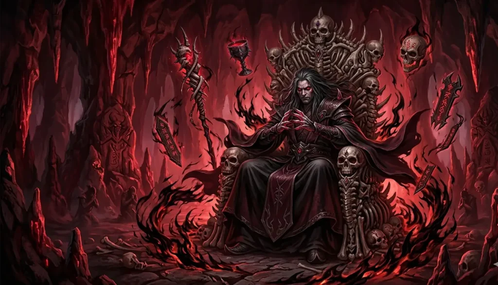 A demonic cultivator surrounded by black flames sits on a bone throne inside a dark underground cavern.