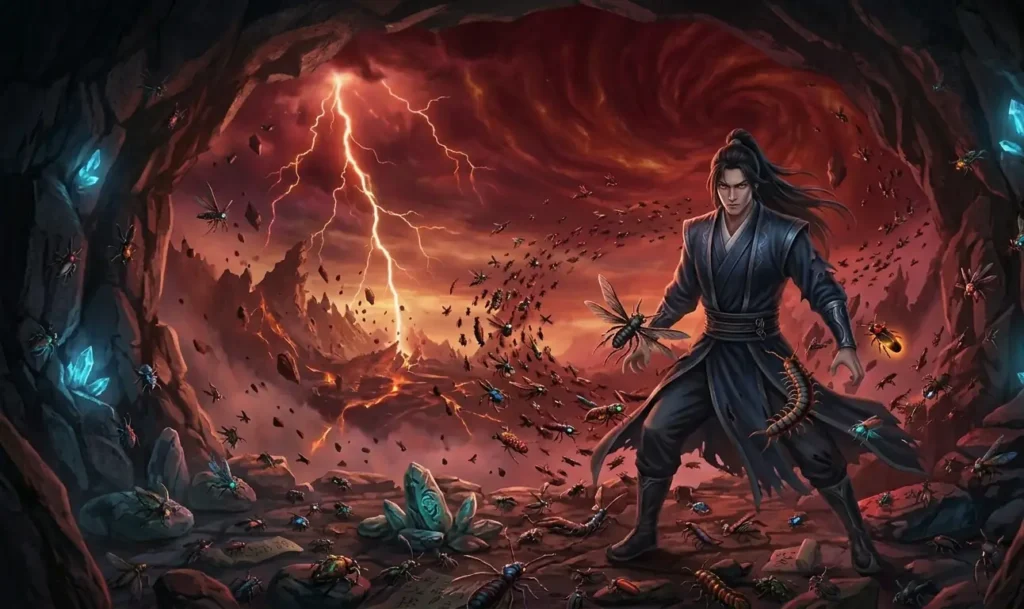 Fang Yuan standing coldly among swarming Gu insects.