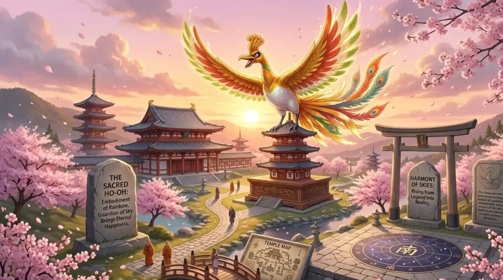 Japanese Ho-oh soaring above temples and cherry blossoms.