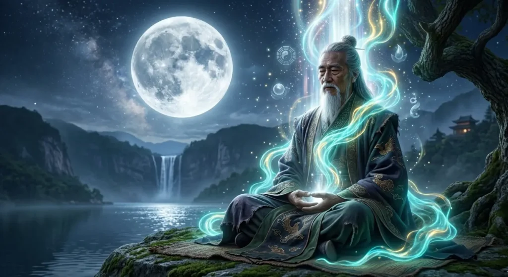 Spiritual energy rising above a meditating Daoist sage.