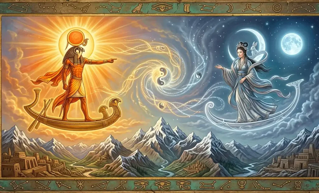 Sun and moon deities facing each other in sky above the mountains with glowing light