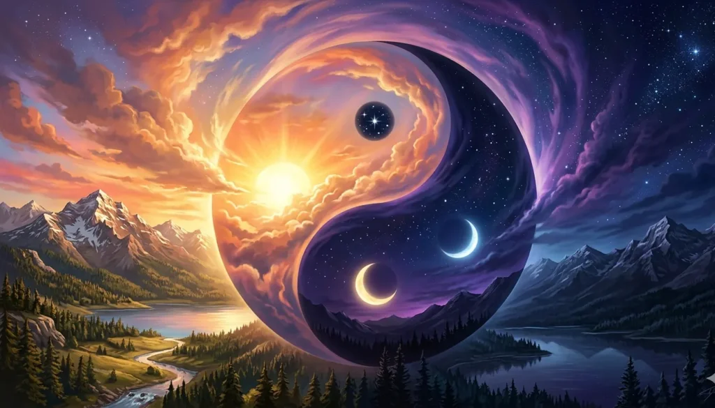 Sunrise and moonrise forming circular yin yang balance across split sky
