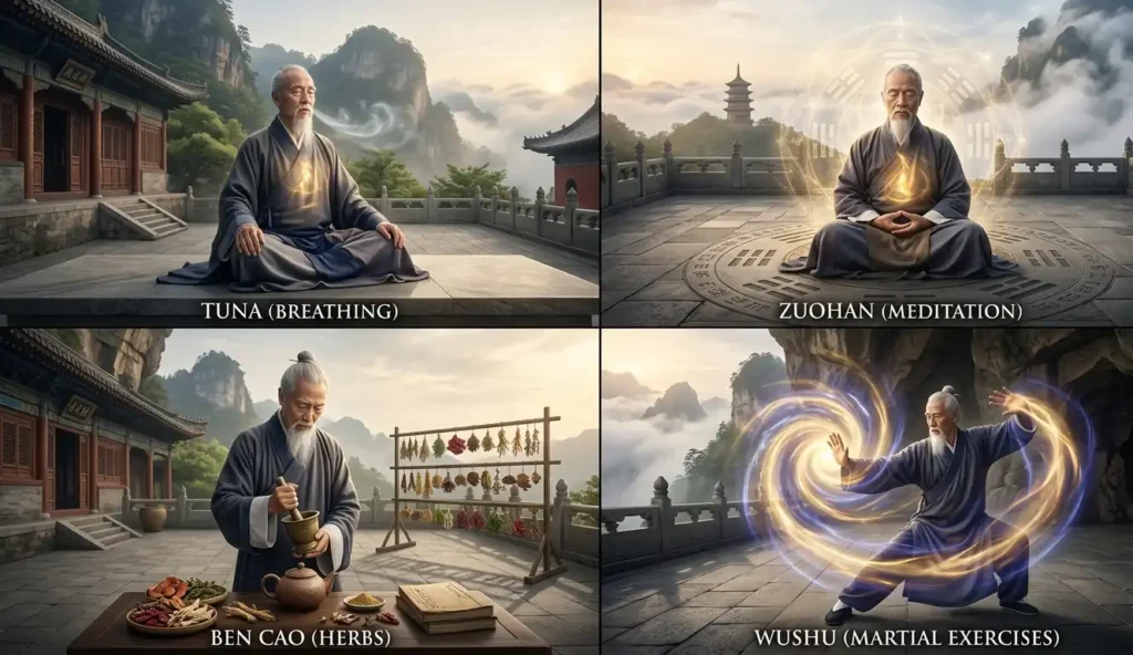 Daoist cultivation practices including meditation and breath control.
