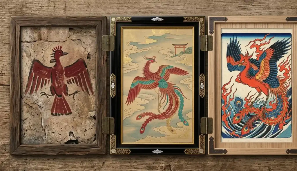 Triptych showing Suzaku across three Japanese artistic periods from Kofun burial art to Heian silk painting to Edo woodblock print style