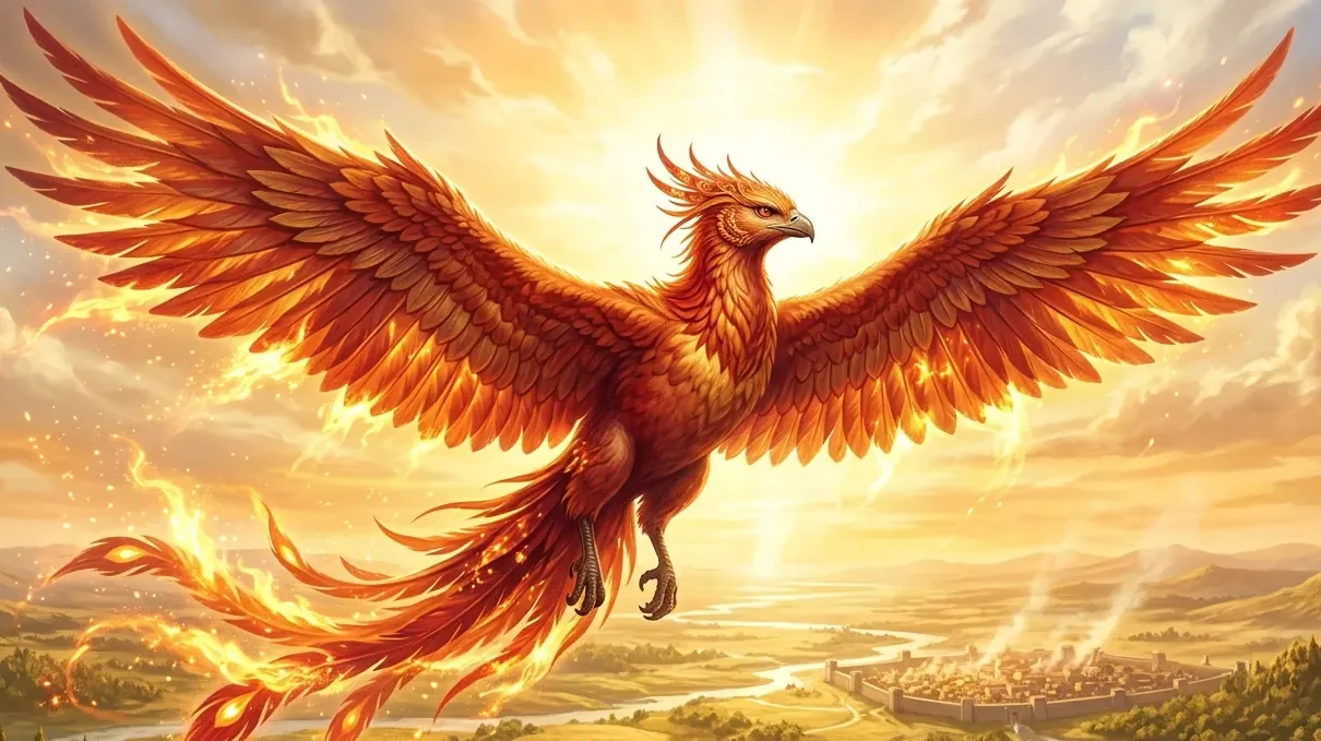 Majestic Vermilion Bird Suzaku in full flight at high noon with vermilion and gold flame feathers
