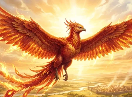 Majestic Vermilion Bird Suzaku in full flight at high noon with vermilion and gold flame feathers