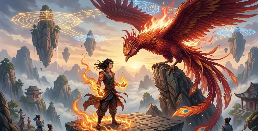 Xianxia fire cultivator standing before a majestic Vermilion Bird divine beast