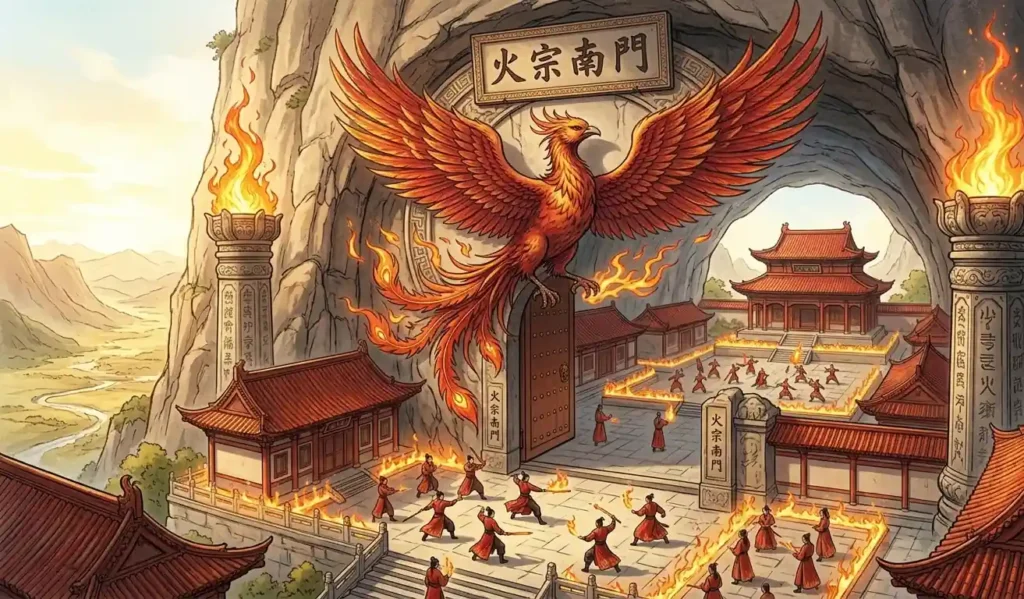 fire kingdom carved into a south-facing cliff with a Vermilion Bird relief above the gate