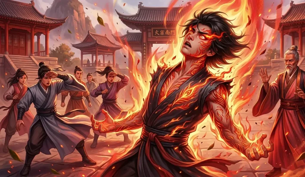 Young xianxia cultivator awakening Vermilion Bird bloodline with crimson fire patterns emerging across the skin.