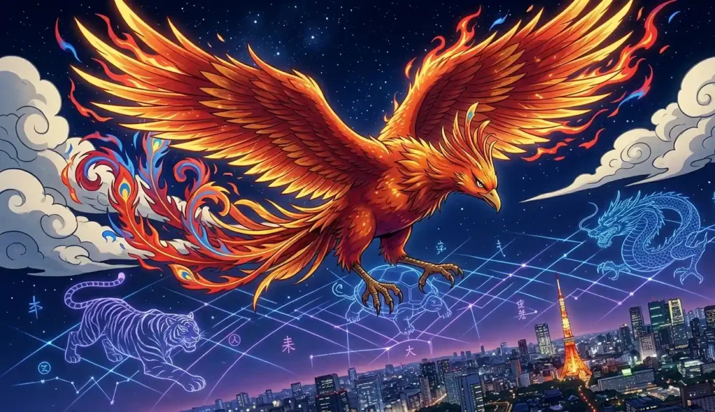Modern anime-style illustration of Suzaku as a crimson gold fire bird in dramatic flight, with four guardian beast constellations echoing below