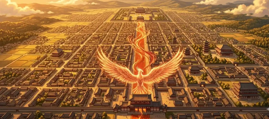 Aerial view of ancient Nara city with Suzaku Avenue as a central vermilion axis, with a translucent Suzaku