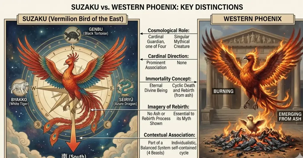 Side by side comparison of Suzaku as one of four directional guardians and the Western phoenix in rebirth cycle, showing five key mythological differences