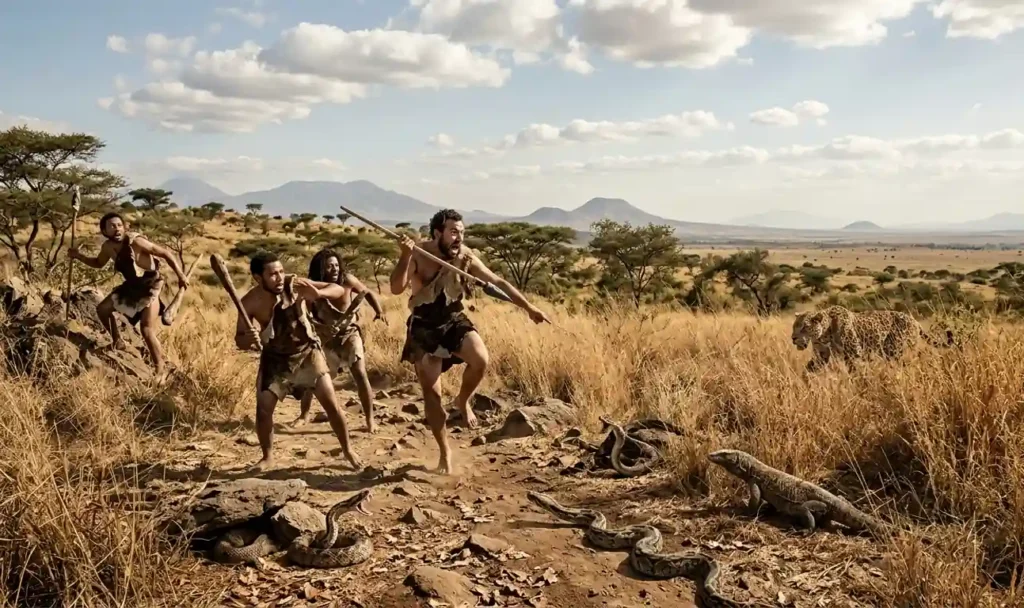 Early humans confronting dangerous reptilian predators in nature.