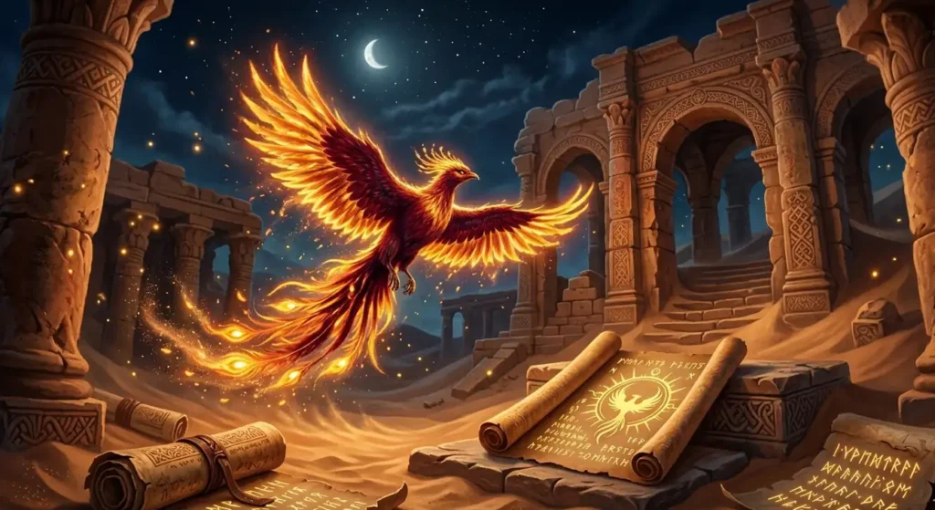 Mythical phoenix appearing near ancient Arabian ruins.