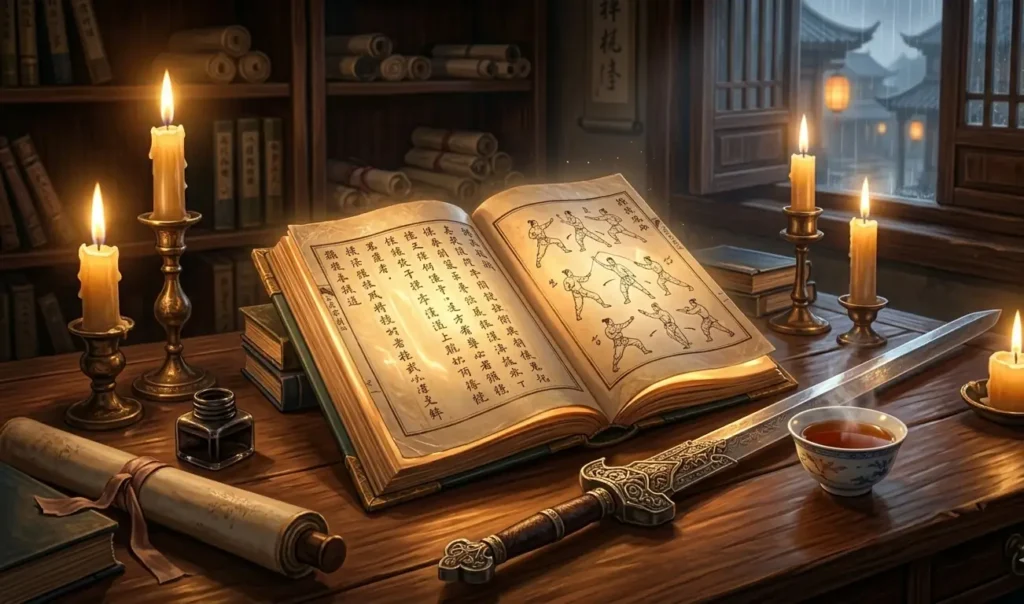 Glowing martial arts manual resting beside a sword and tea cup.