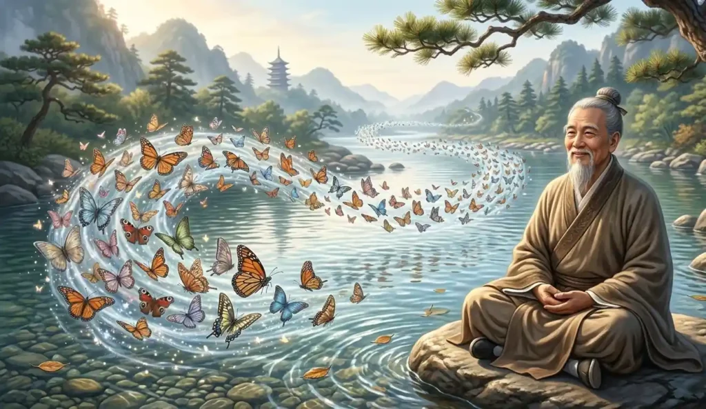 Zhuangzi observing nature with calm philosophical detachment.