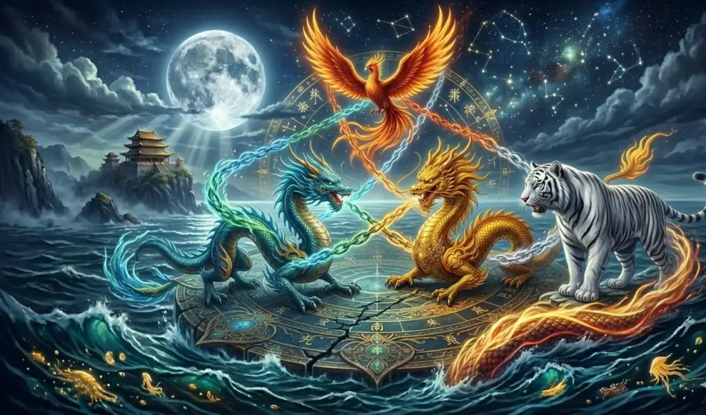 Four Holy Beasts connected through opposing elemental forces in cosmic balance.