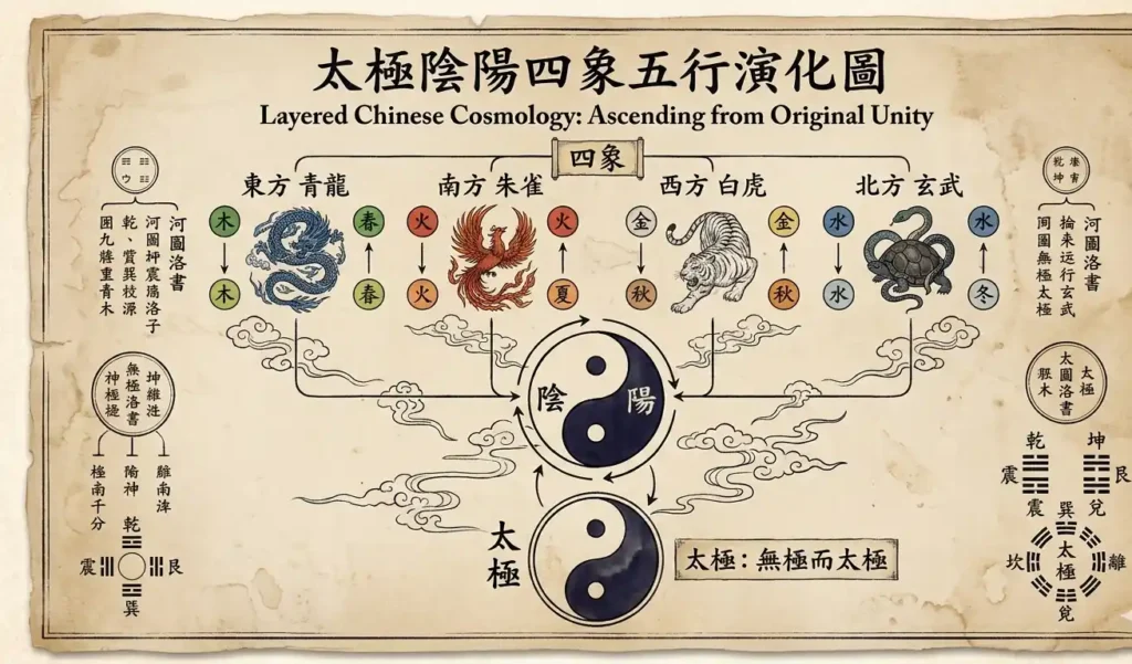 A cosmic ladder showing Tai Ji, yin-yang, and the four symbols in sequence.