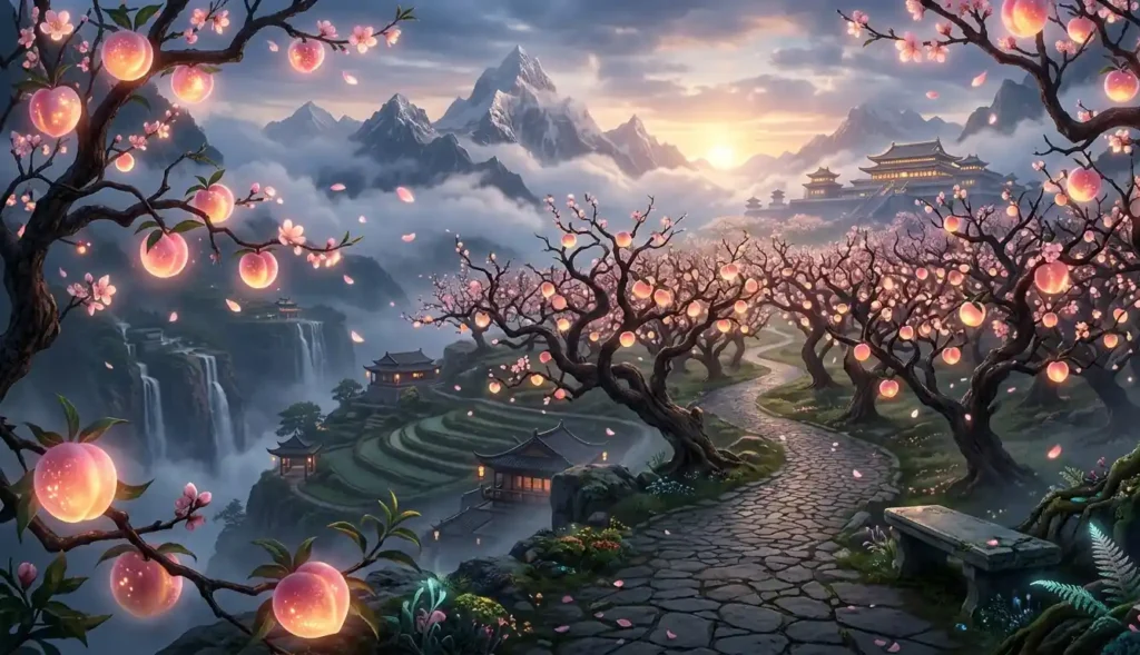 Sacred peach trees growing in Xiwangmu's heavenly garden.