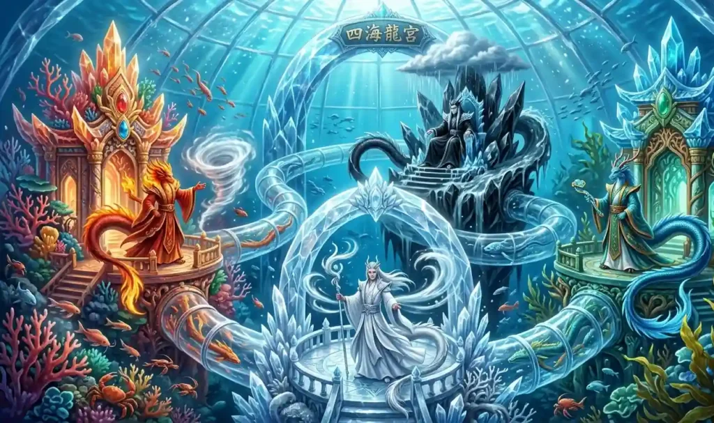 Dragon Kings seated within magnificent underwater palaces.