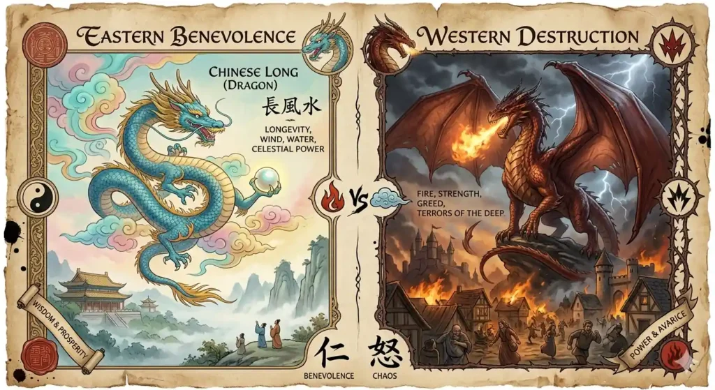 Side-by-side Eastern and Western dragons showing contrast