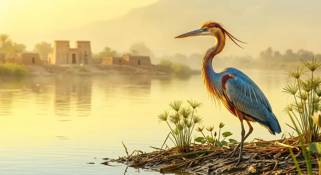 Egyptian Bennu bird standing beside the Nile River.