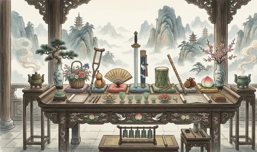 Sacred emblems representing the Eight Immortals together.