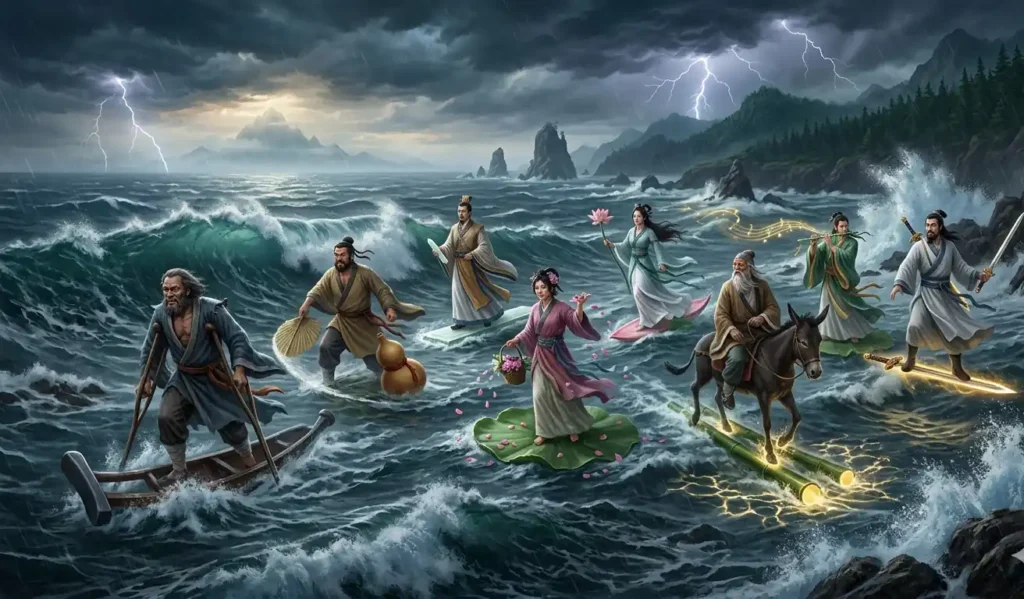The Eight Immortals traveling across the sea with magic powers.