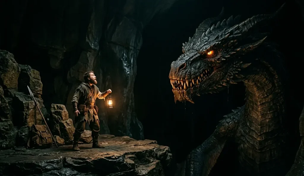 Person gazing at a massive dragon with awe and fear.
