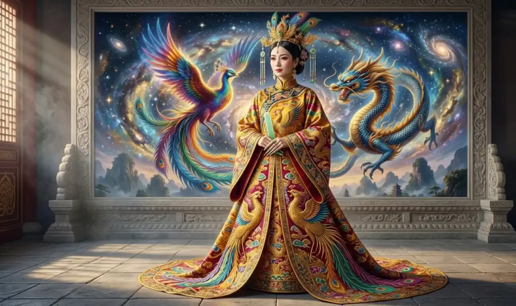 Ancient imperial clothing featuring Fenghuang embroidery designs.