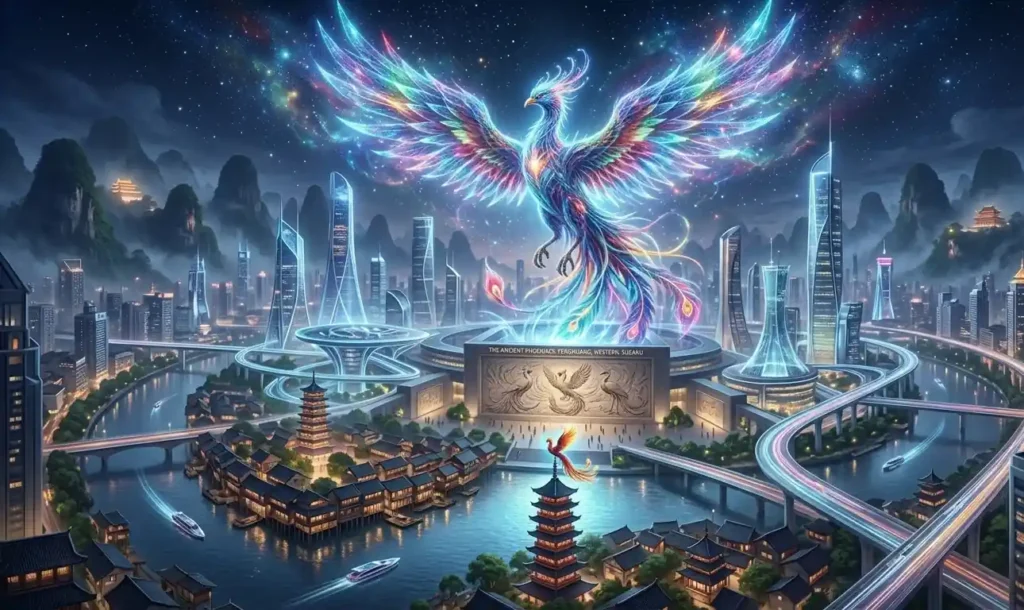 Modern interpretation of the Fenghuang above a city skyline.
