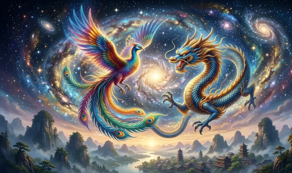 Fenghuang and dragon forming a harmonious cosmic pair.