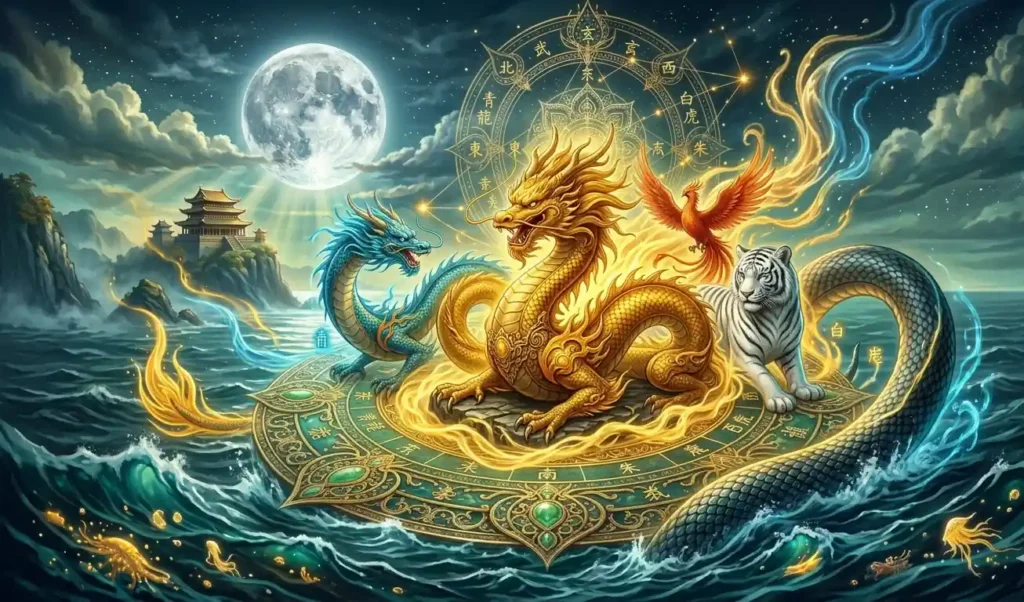 Yellow Dragon at the center of the Four Holy Beasts within a cosmic mandala.
