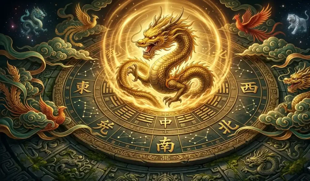 Yellow Dragon Huanglong hovering above a five direction compass in traditional Chinese cosmology
