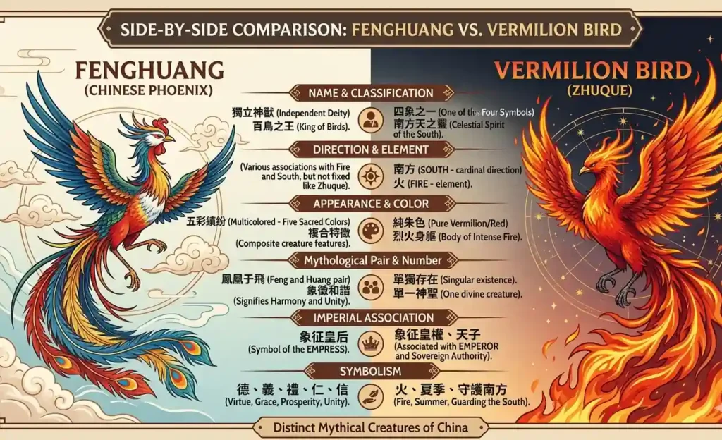 Comparison between Fenghuang and Vermilion Bird symbolism.