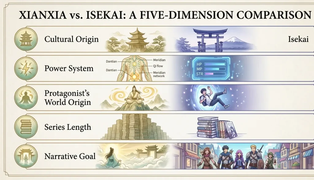Five-row comparison infographic contrasting xianxia and isekai across culture power system protagonist origin length and narrative goal