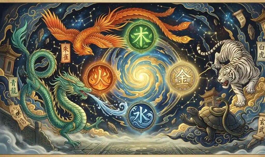 Four Holy Beasts paired with their elemental symbols in Chinese mythology artwork.