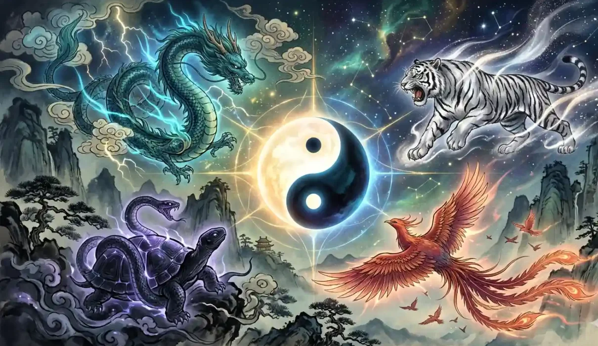 Yin-yang at center surrounded by the four symbols in a glowing cosmic scene.