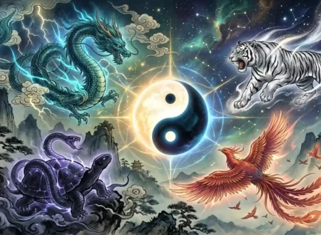 Yin-yang at center surrounded by the four symbols in a glowing cosmic scene.