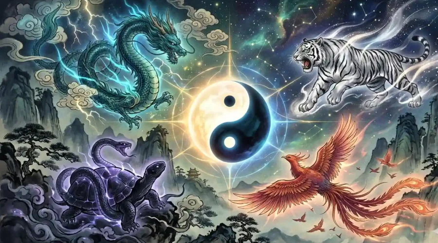 Yin-yang at center surrounded by the four symbols in a glowing cosmic scene.