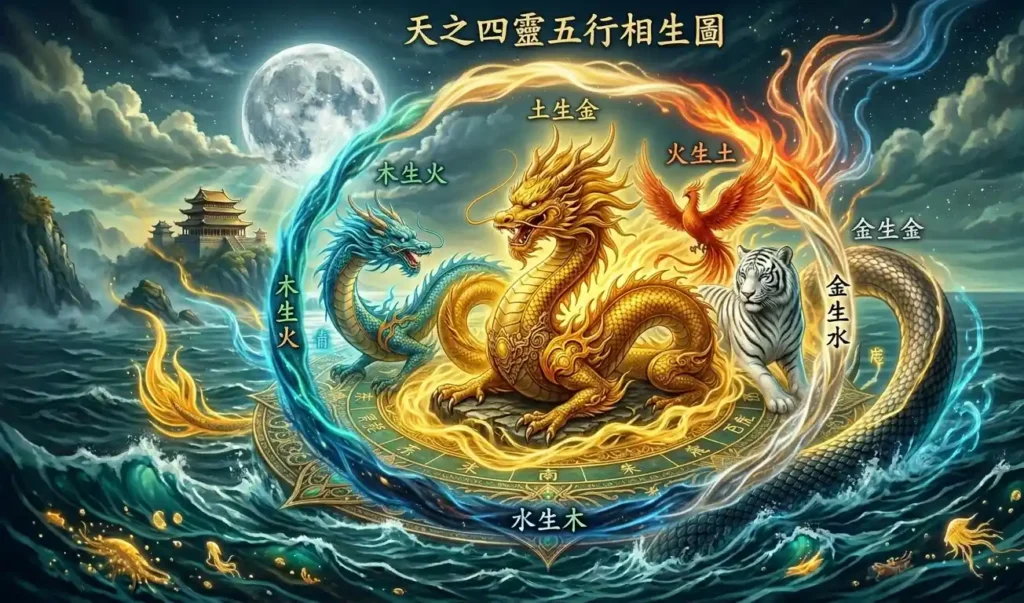 Four Holy Beasts linked by glowing elemental energy in a circular cycle.