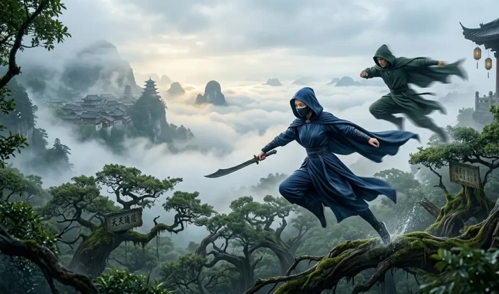 Martial artists leaping through treetops using qinggong skills.