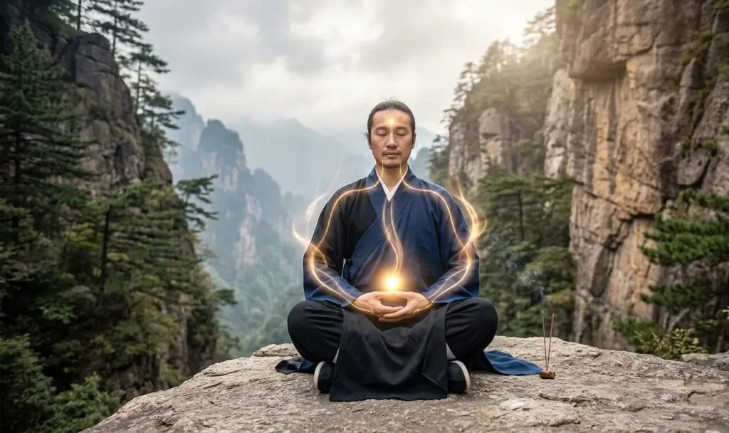 Daoist practitioner meditating in deep silence and emptiness.