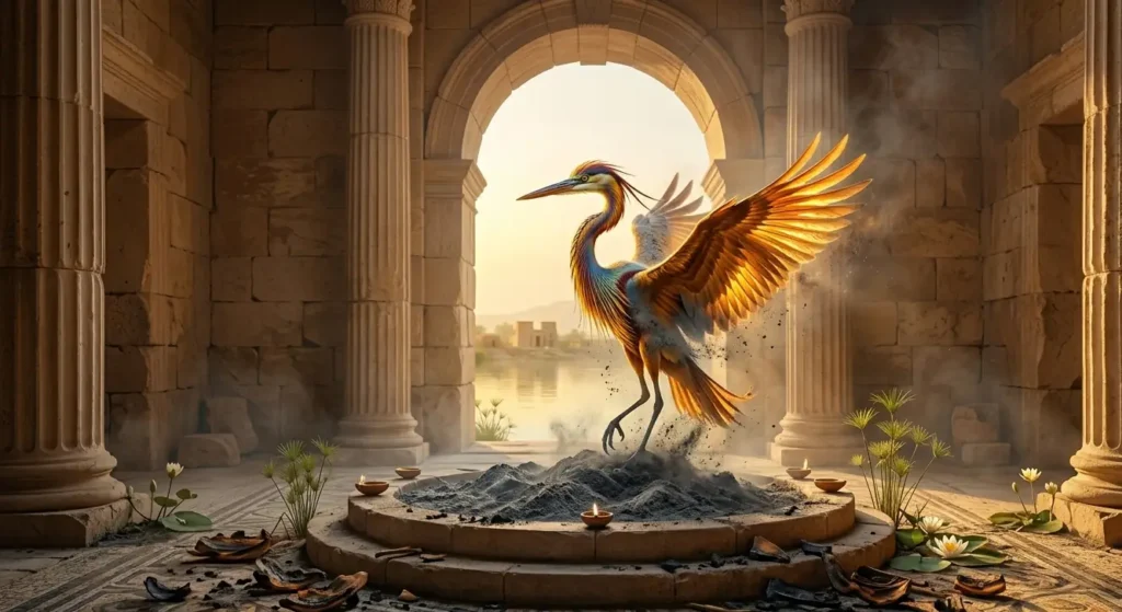 Phoenix emerging from ashes in a Greco Roman setting.