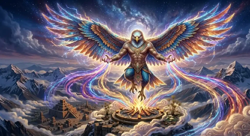 Hindu Garuda spreading massive wings in the sky.