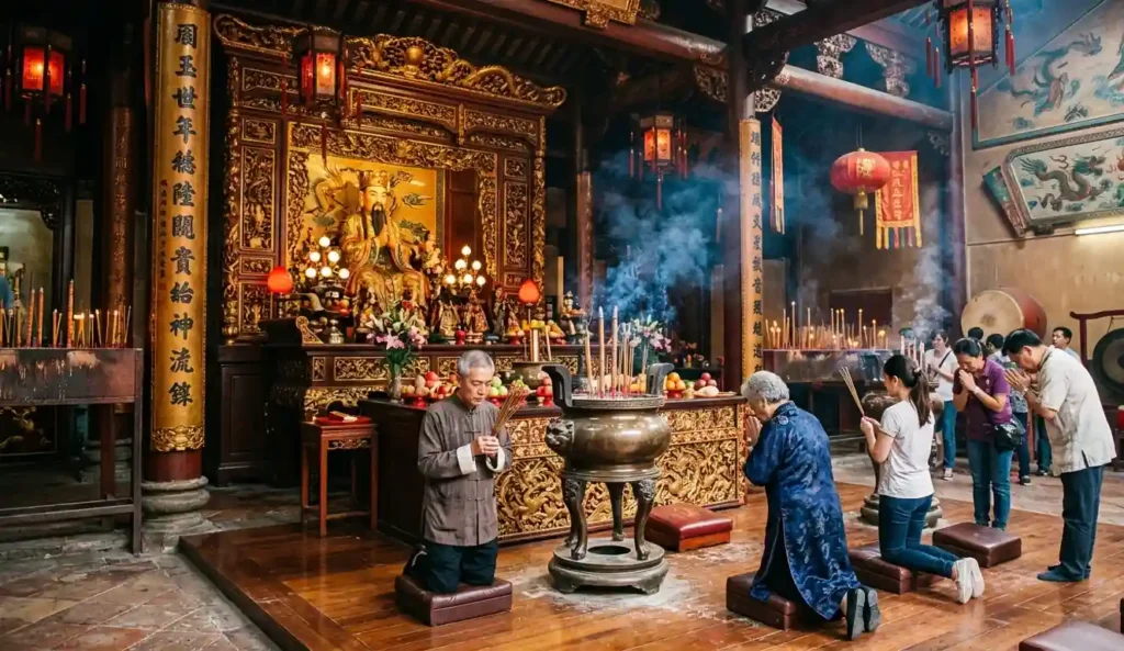 Devotees praying to the Jade Emperor inside a temple.
