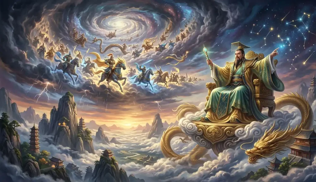 Jade Emperor controlling cosmic forces from the heavens.