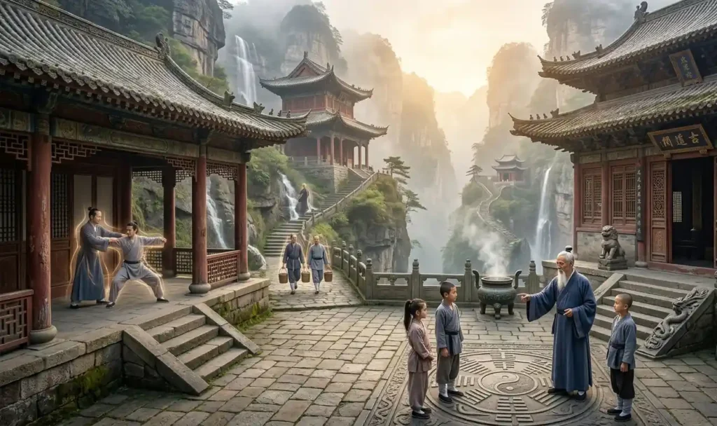 Daoist masters passing meditation teachings to disciples.