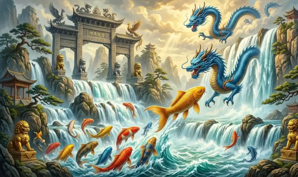 Koi transforming into a dragon after crossing Dragon Gate.