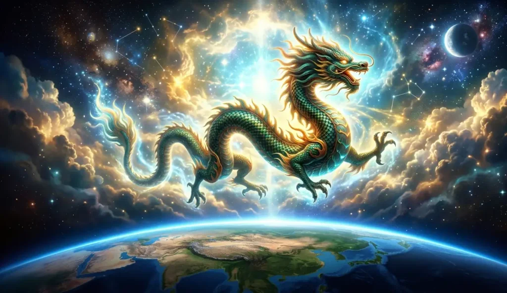 Sacred Loong rising into the celestial skies above the world.